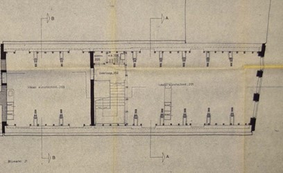 <p>Restauratieplan van de zolder van Blijmarkt 21 uit 1973 (archief HCO). </p>
